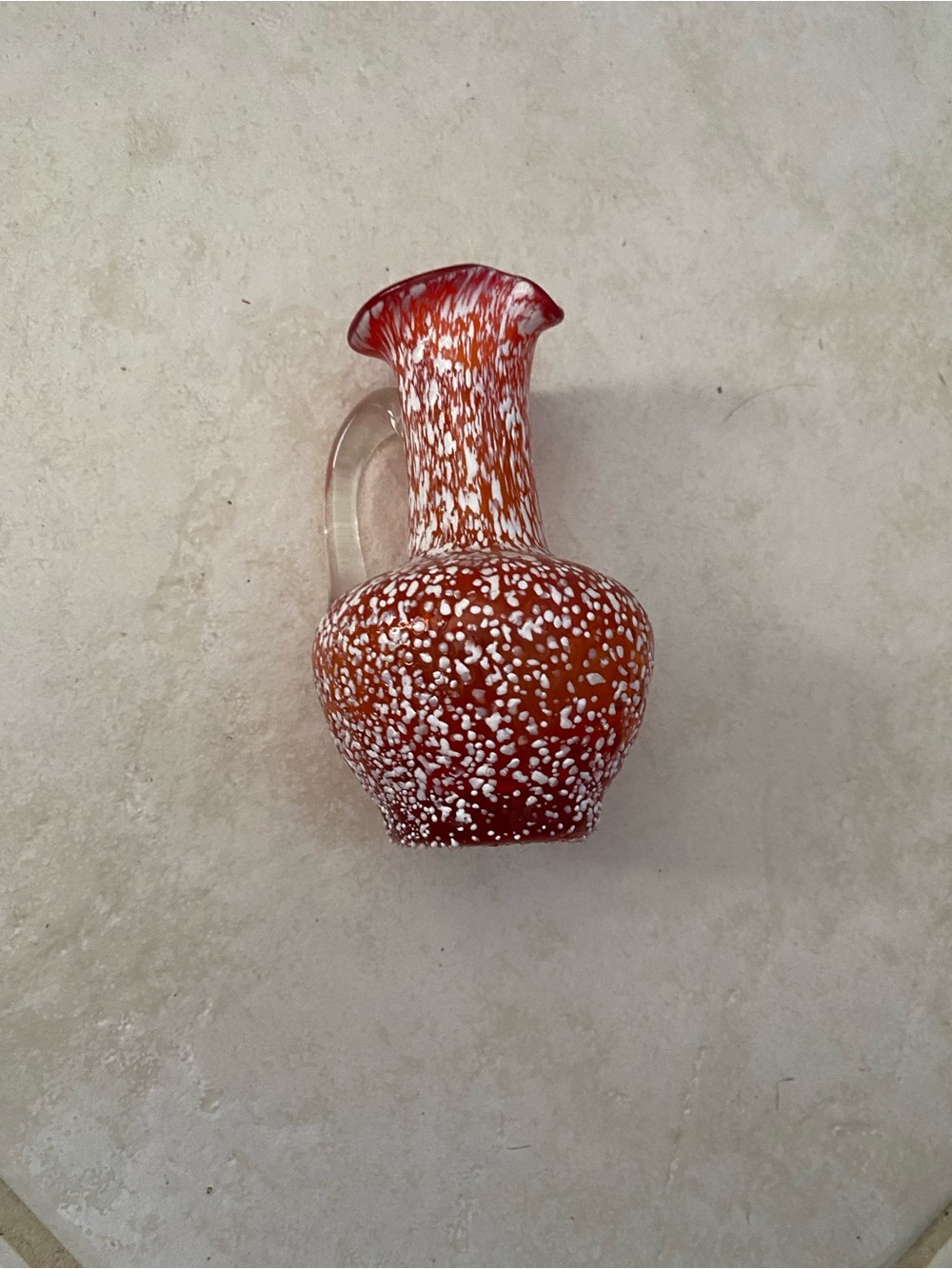 Vintage Hand Blown Art Glass Mini Pitcher Red & White Spatter Confetti Vase